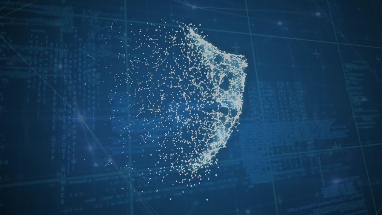 Animation of digital shield over data processing on blue background