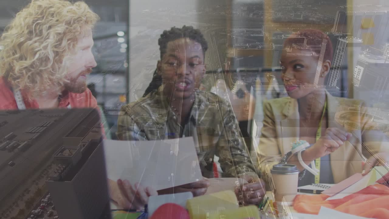 Animation of data processing over diverse business people using tablet