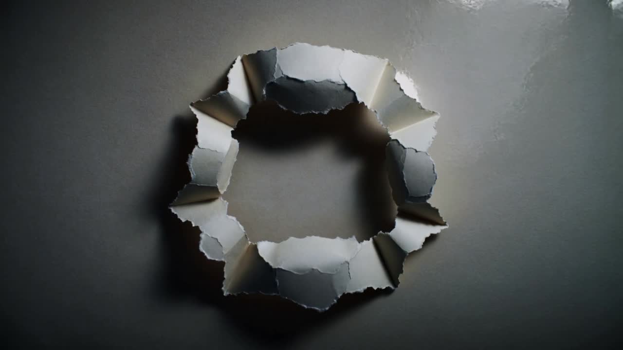 Carta strappata che si evolve, una perforazione a forma di stella che fa aprire un anello su un tavolo grigio, rivelando un nucleo marrone.