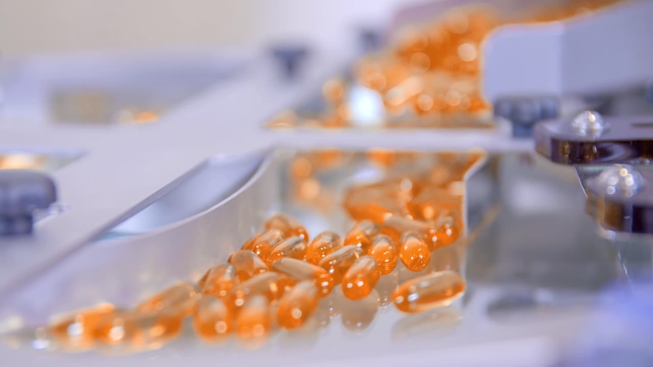 Extreme closeup of orange gel capsules for COVID-19 moving forward in the production line