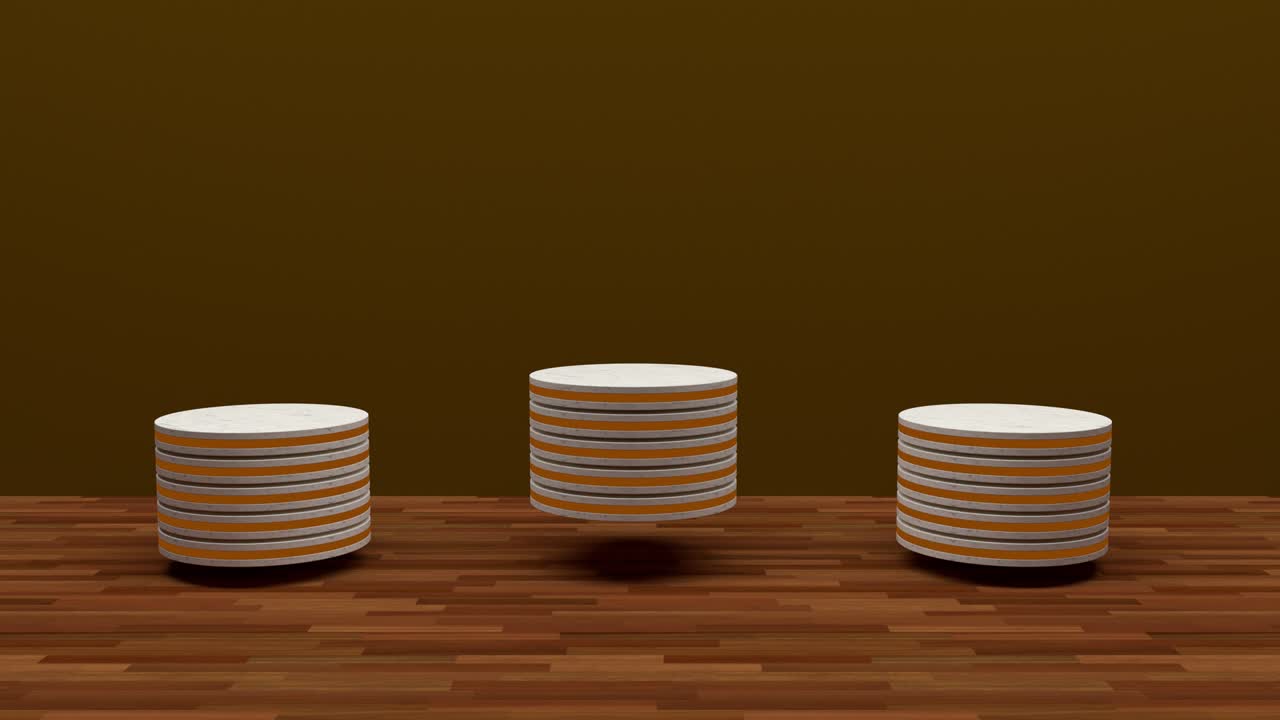 el soporte de producto de mármol blanco es un pedestal futurista o de podio en una pantalla vacía que crece con una luz intermitente con telones de fondo naranjas. renderización 3d. bucle sin costuras.