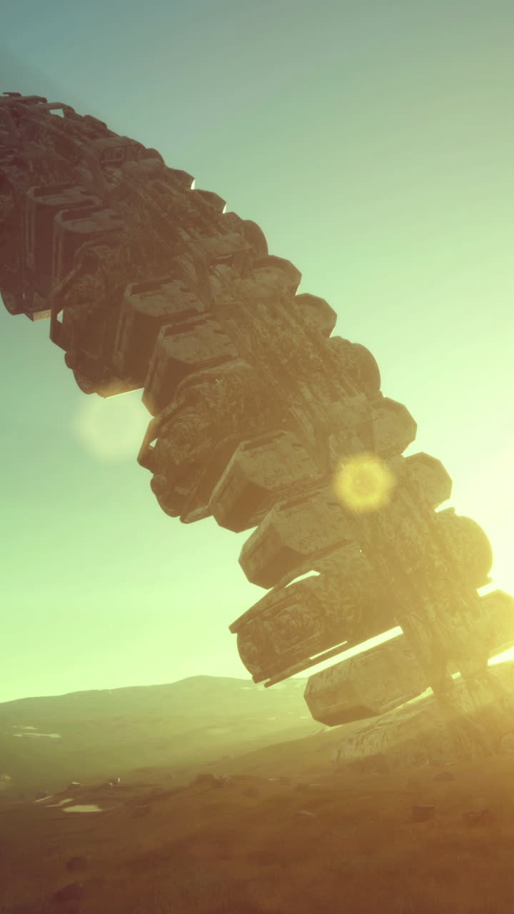 Mysterious alien ship hovers over desert landscape at sunrise