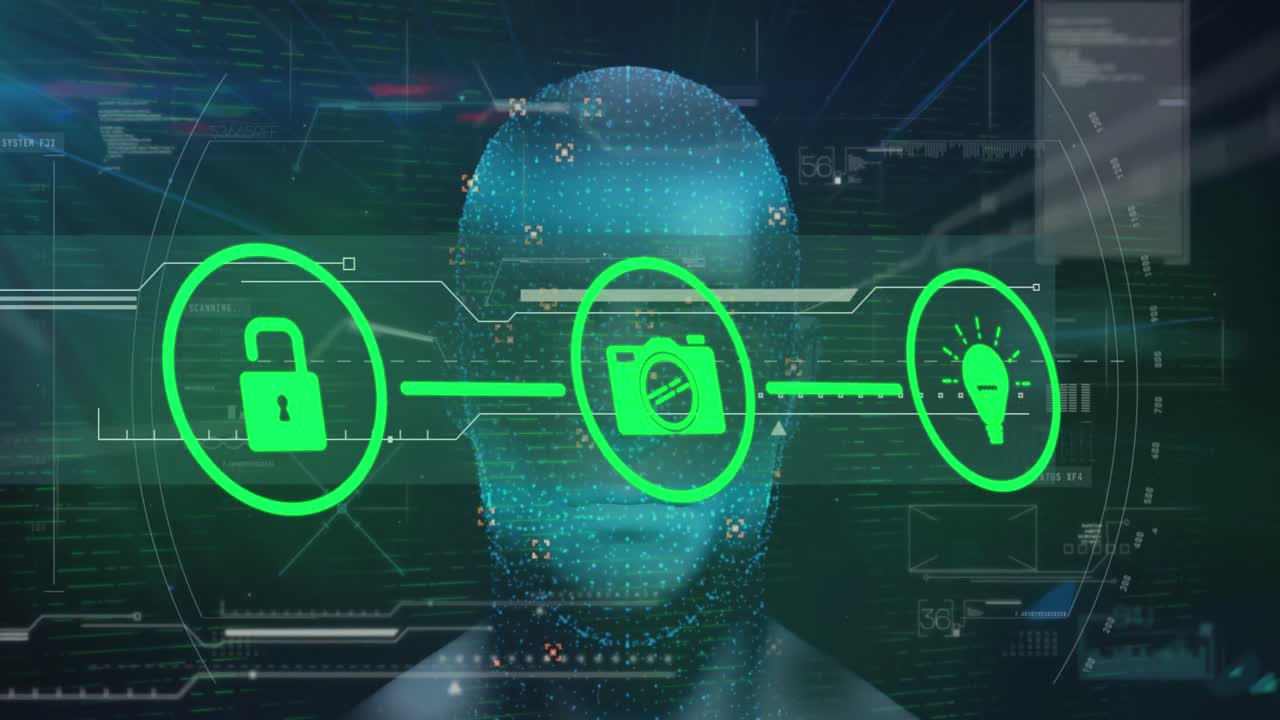 animación de una red de iconos digitales sobre un modelo de cabeza humana contra un fondo azul