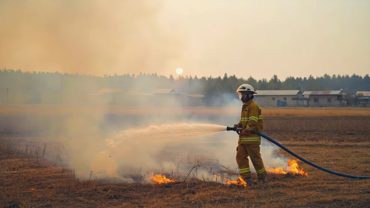 Firefighter Extinguishing Fire in Field
