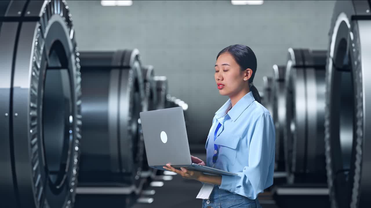 아시아 여성 전문 노동자가 금속 공장, 하이테크 산업 시설에 서서, 그녀가 노트북에 집중하고 타이핑을 계속하기 전에 올려다보는 것을 관찰합니다.