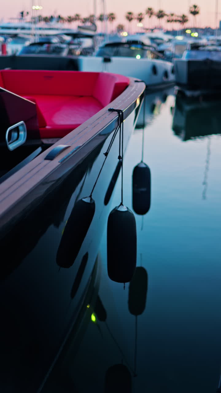 Black and red boat docked in the Port Vauban at sunset in Antibes, France. Vertical