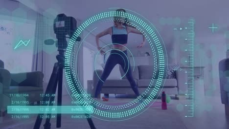 Animation-of-data-processing-over-caucasian-woman-exercising,-recording-fitness-vlog
