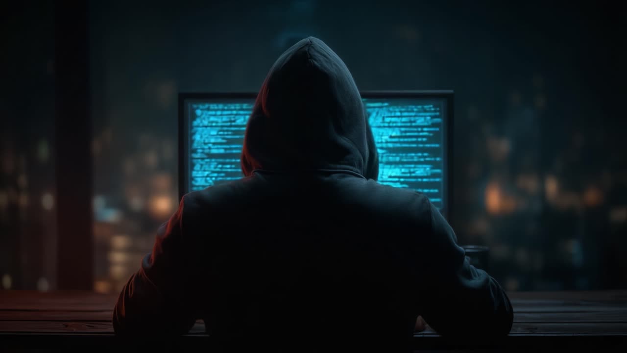 Mysterious Figure Engaged in Cyber Activities, Illuminated by Blue Code on Screen, Set Against a Dark Urban Background at Night