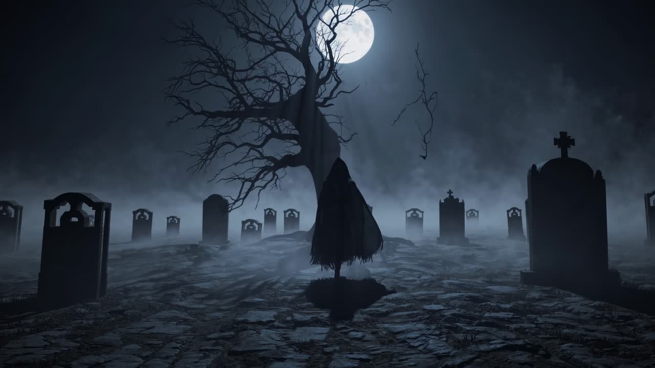 Eerie scene unfolds in a foggy graveyard with a gnarled tree, illuminated by a full moon, as shadows deepen and a cloaked figure approaches gravestones in a haunting atmosphere