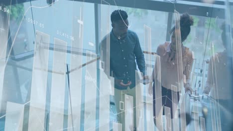animation of financial data processing over business people in office