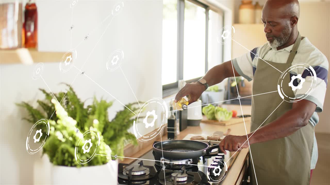 Home cook pouring oil into pan to prepare for cooking, animated gears connecting fern to pan