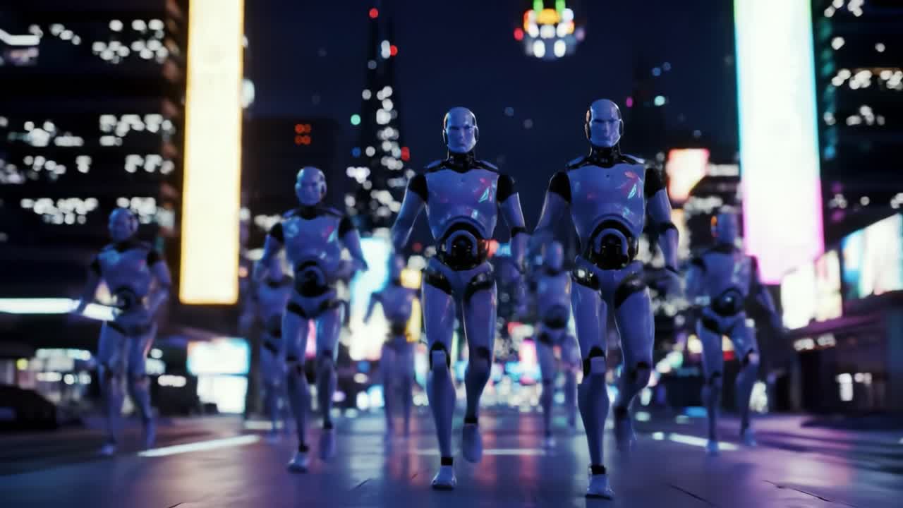 In a vibrant cityscape illuminated by neon signs, multiple humanoid robots march down a bustling street, showcasing advanced technology and design.
