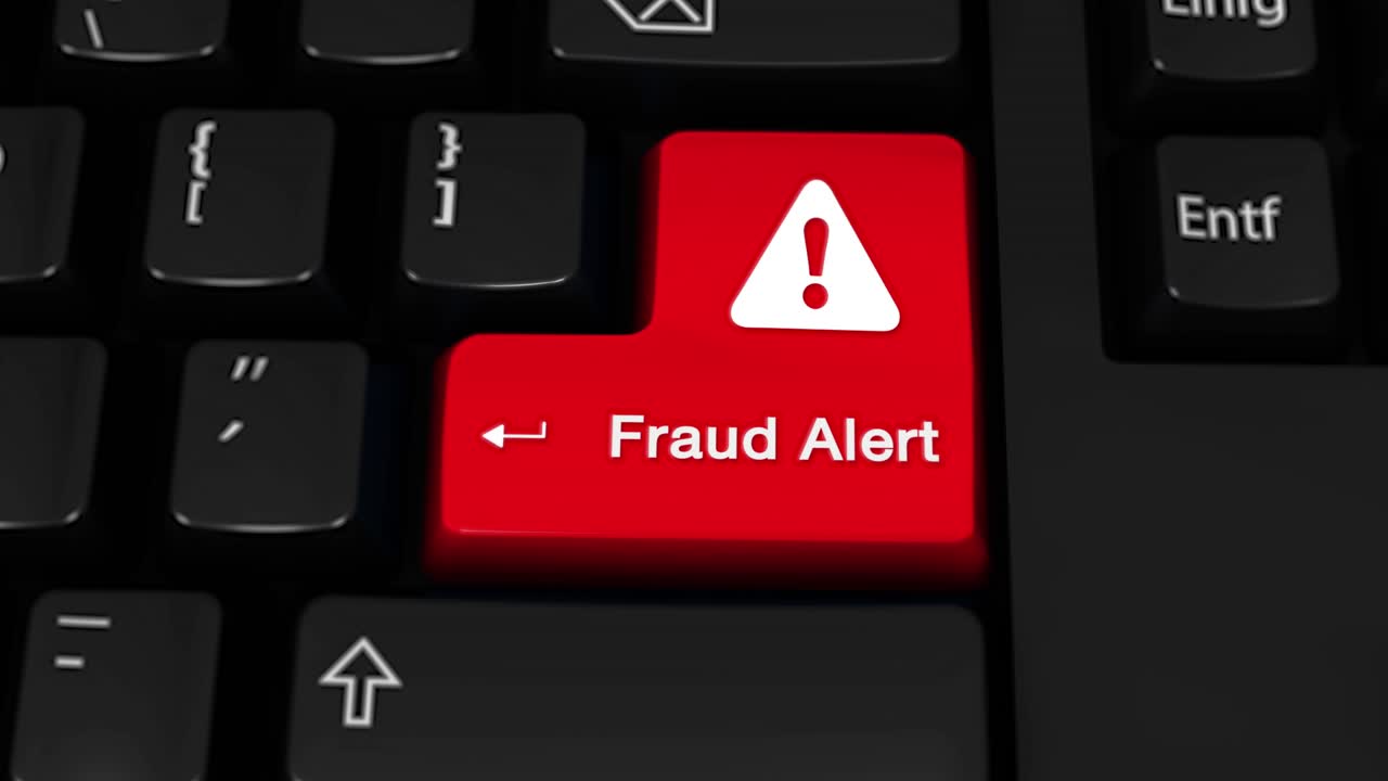 104 fraud alert rotation motion on red enter button on modern computer keyboard with text and icon
