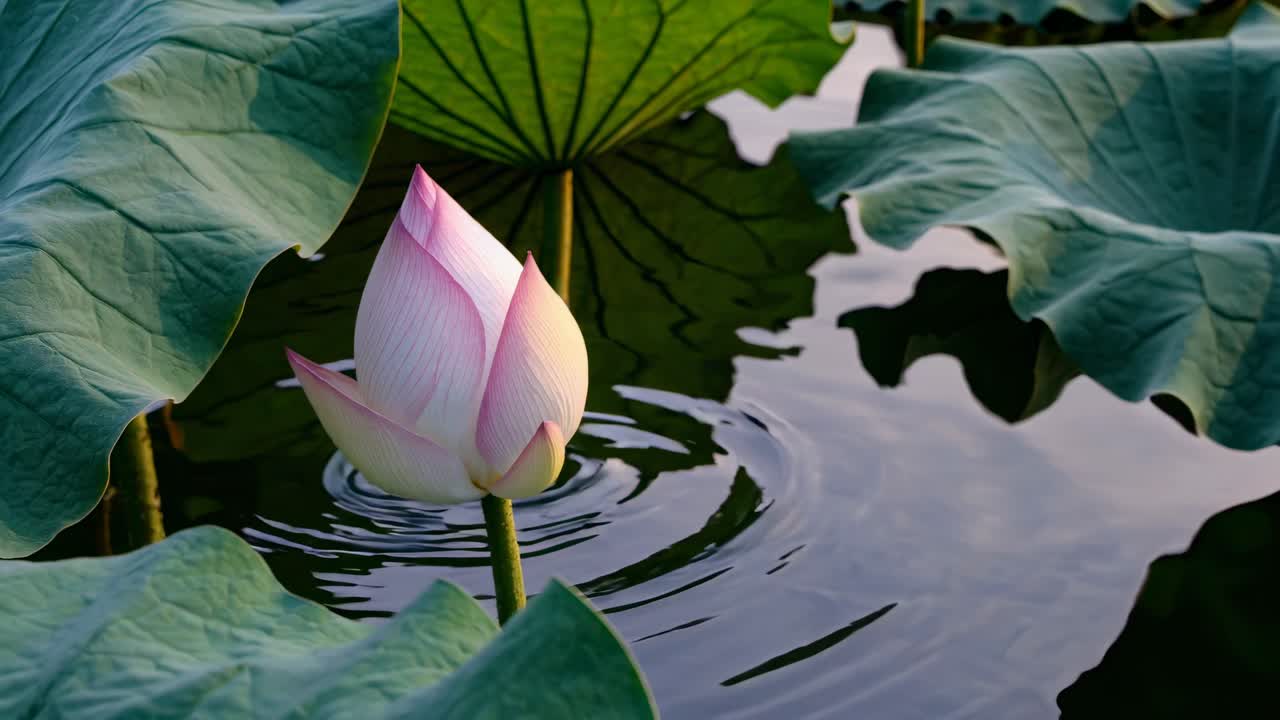 Close-up video shot of a lotus bud surrounded by large leaves, captured from a low angle
