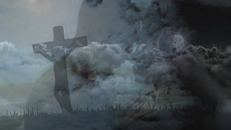 animation of cross and couple over landscape