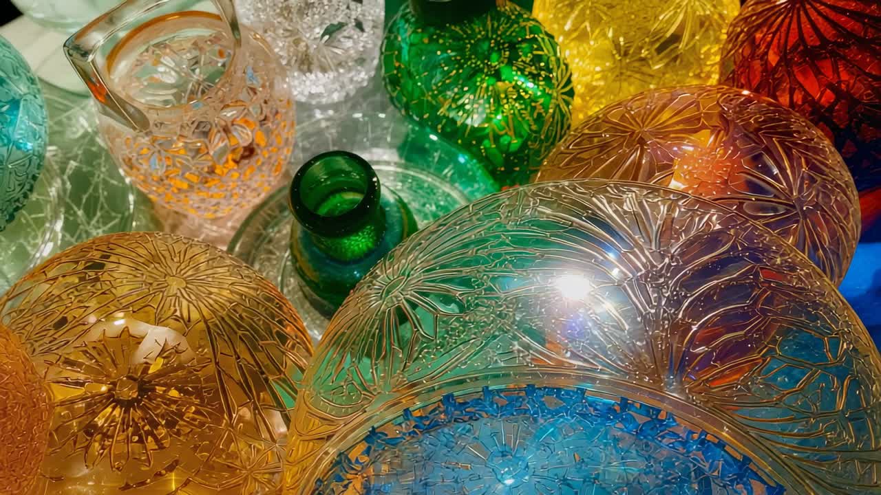 Panning gallery display showing amber, blue and yellow bowls, green vase, red sphere, amber pitcher