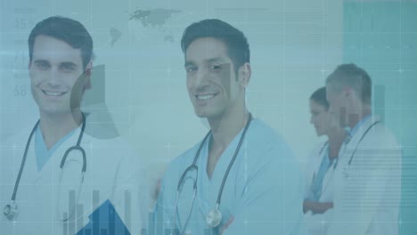 Animation-of-data-processing-over-diverse-male-doctor-and-health-worker-smiling-at-hospital