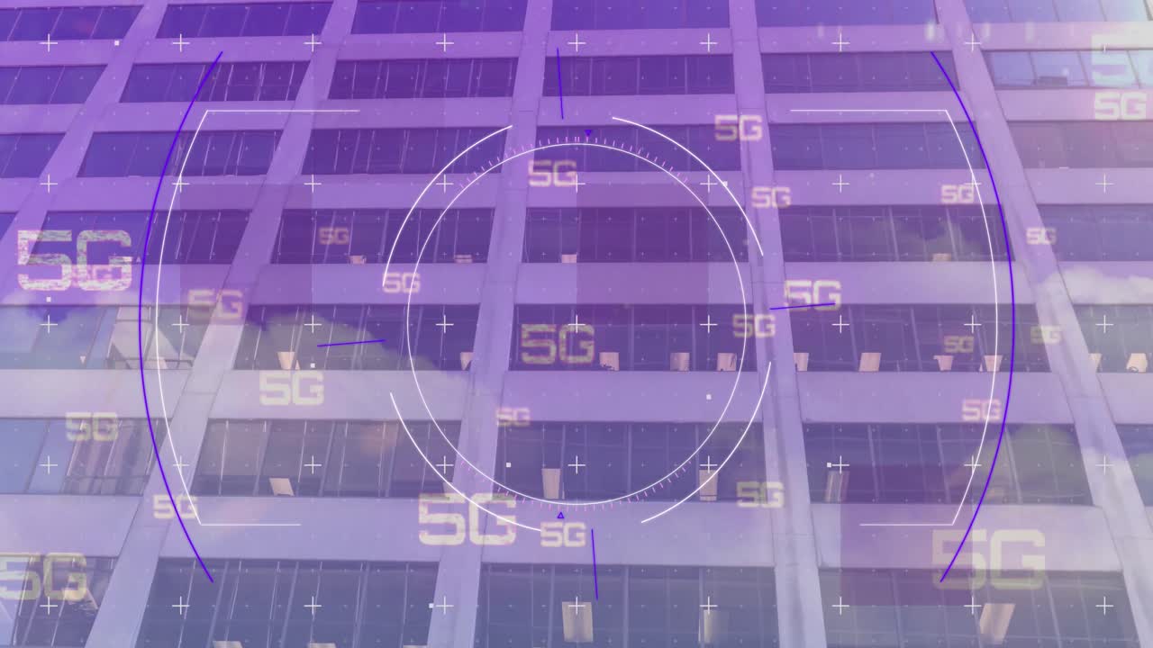 5g 텍스트의 애니메이션, 스 ⁇  스캐닝 및 데이터 처리 현대 건물 위에