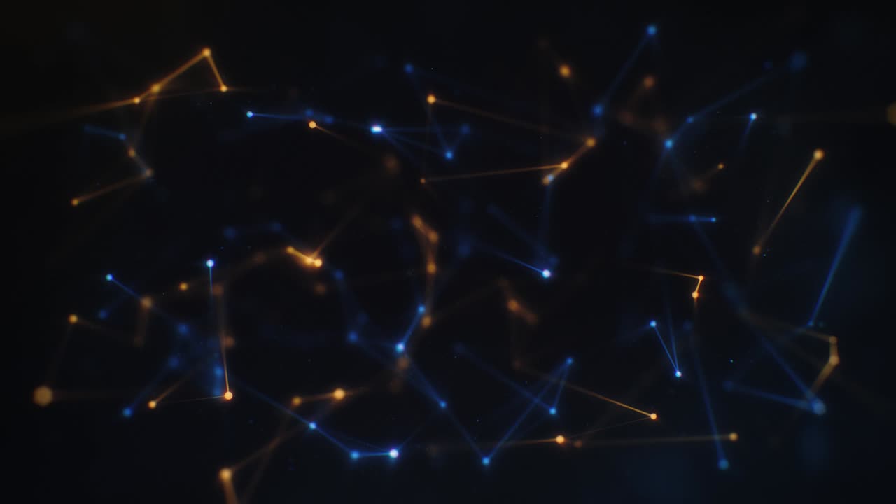 una red de plexo cinematográfico azul y naranja flotando lentamente sobre un telón de fondo negro