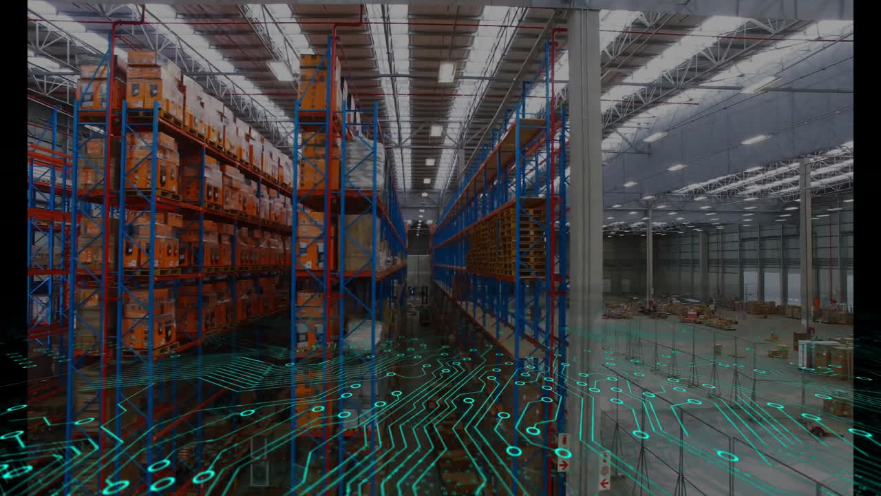 Digital circuit pattern overlaying storage racks and floor in warehouse interior