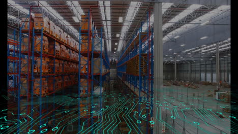 digital circuit pattern overlaying storage racks and floor in warehouse interior