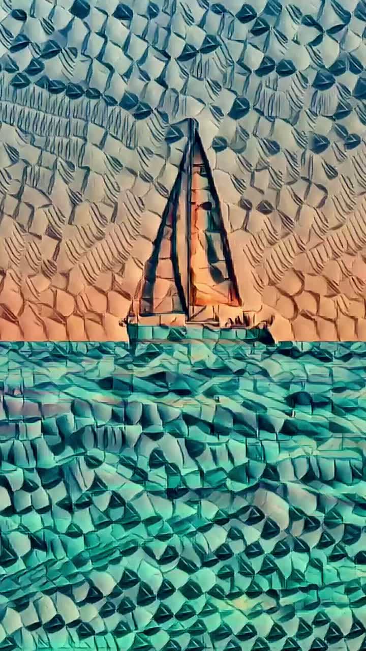 Animazione verticale di una barca a vela sull'oceano al tramonto con texture a mosaico per le storie dei social media.