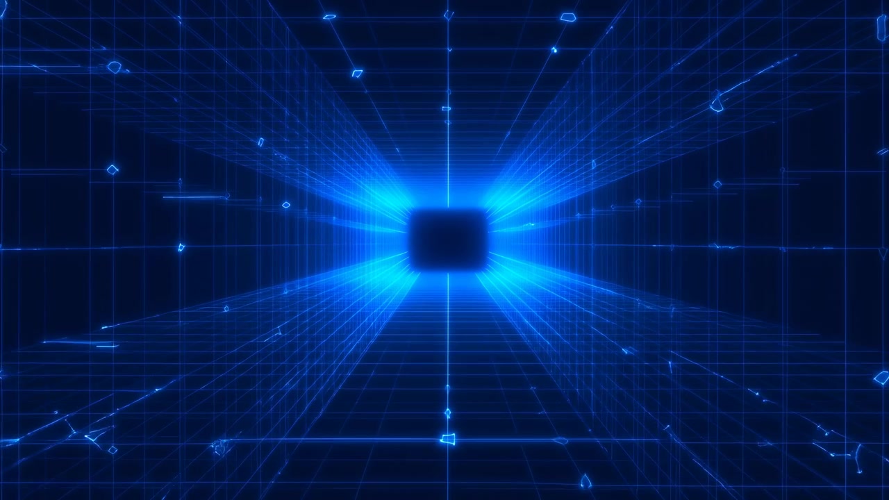 Time-lapse digital sequence showing dark matte cube anchored at frame center as neon-blue grid corridor transforms from initial approach into final collapse