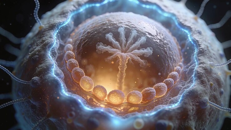 Forming cell growing stalk-corona in dark microfluid, core brightening initiating bead migration