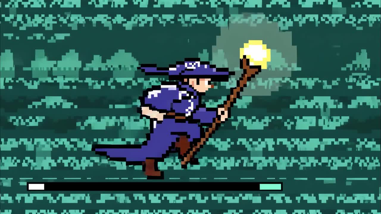 Scena di videogioco in pixel art con una vista laterale di un mago in abiti blu che tiene un bastone.