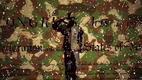 Confetti-falling-over-soldiers-figure-against-camouflage-background