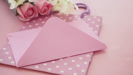 pink envelope and gift bag with roses