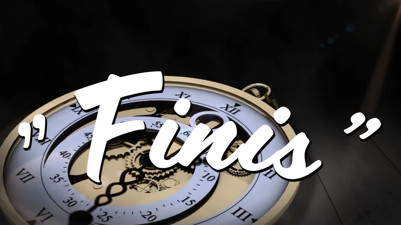 Animation of finis text over clock moving fast
