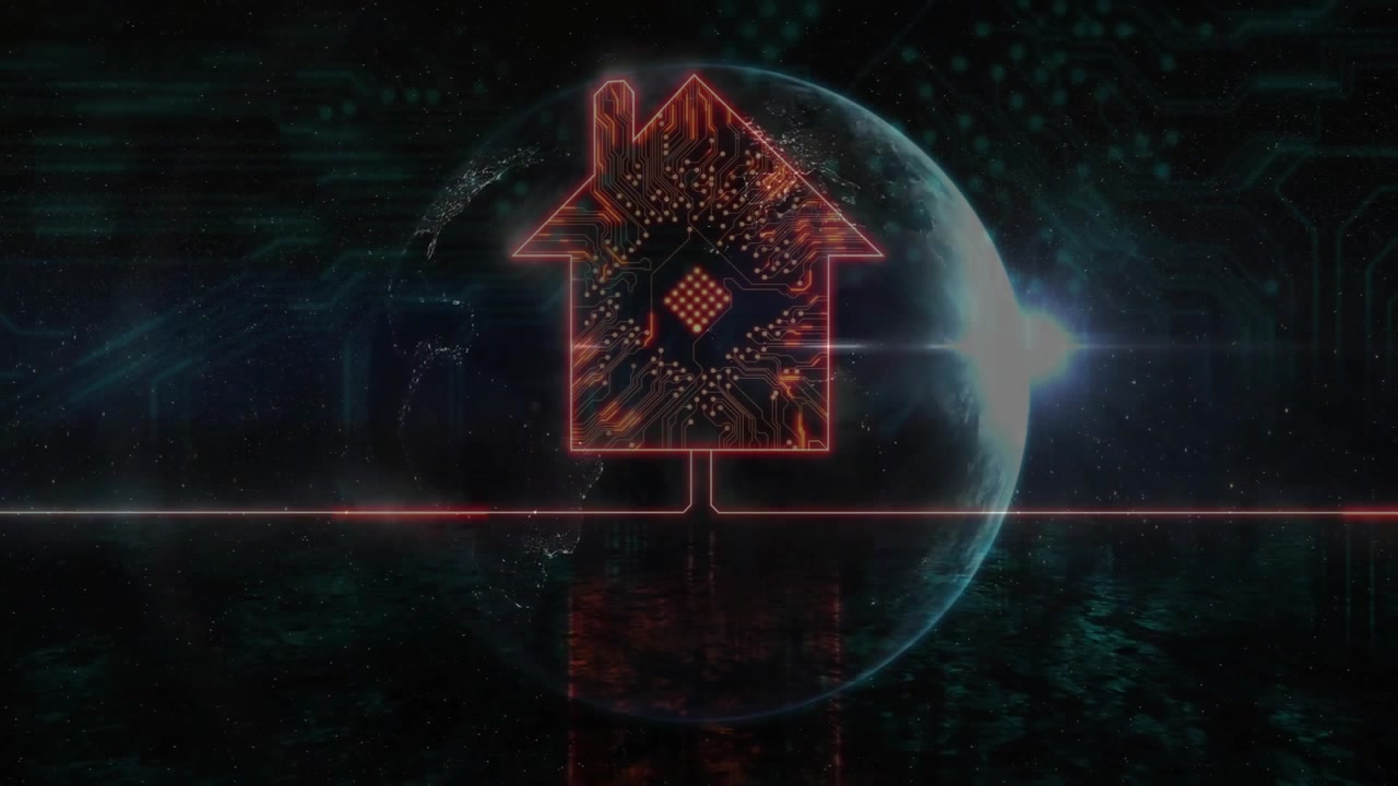 Glitch-Datenfeld öffnet sich, enthüllt pulsierendes Neon-Schaltkreis-Haus-Symbol, das ein globales Netzwerk verbindet