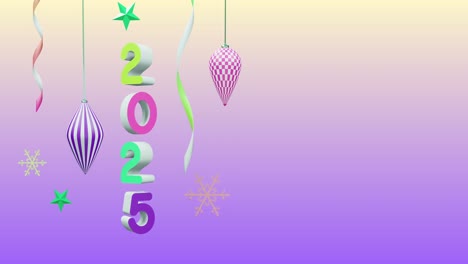 Animation-of-2025-number-over-new-year-and-christmas-decorations-on-purple-background