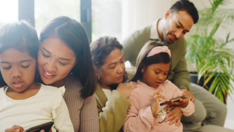 Happy-family-using-phones-to-browse-online