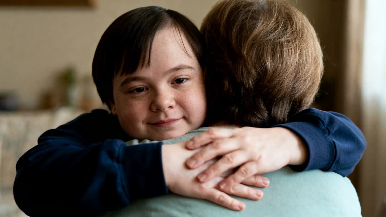 Niño abrazando a su madre en casa, rodeándola con los brazos, con las manos en movimiento, buscando consuelo junto a un cuadro enmarcado.