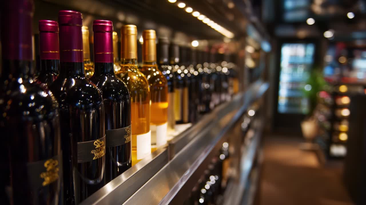A Glimpse into the Elegant Wine Aisle Showcasing an Assortment of Fine Bottles, Featuring Rich Reds and Crisp Whites, Perfect for Connoisseurs and Casual Drinkers Alike in a Tastefully Designed Retail Space