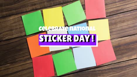 Animation-of-celebrate-national-sticker-day-over-multi-coloured-memo-notes