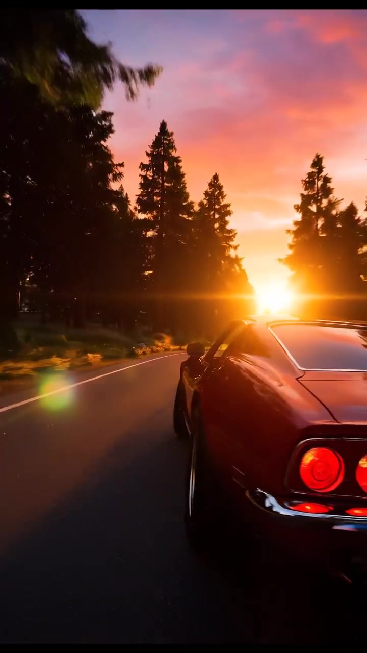 Auto sportiva rossa classica che percorre una strada panoramica al tramonto