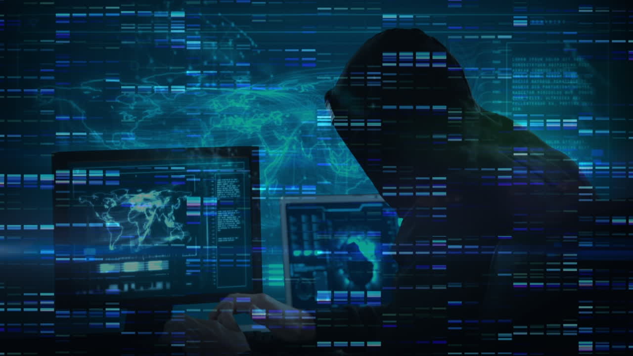 Animation of data processing over caucasian male computer hacker in balaclava using computers