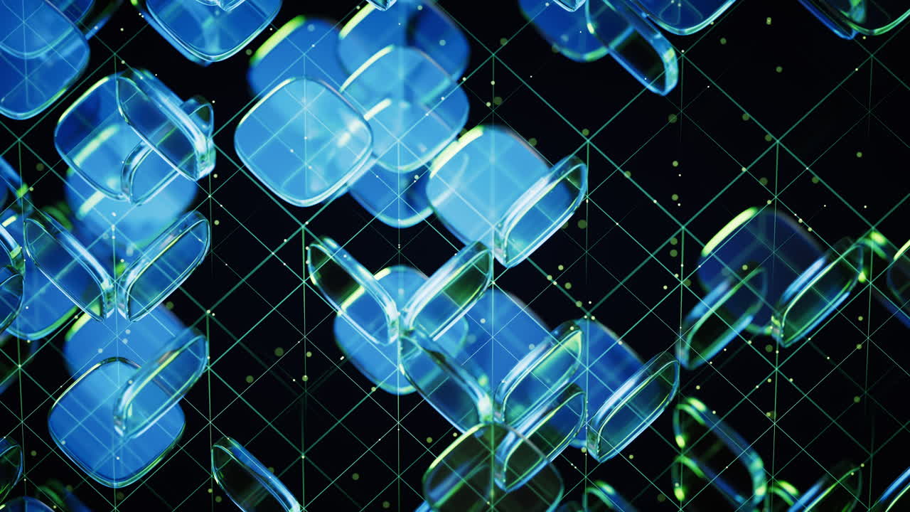 Abstract blue and green glass geometry cubes, 3d rendering.