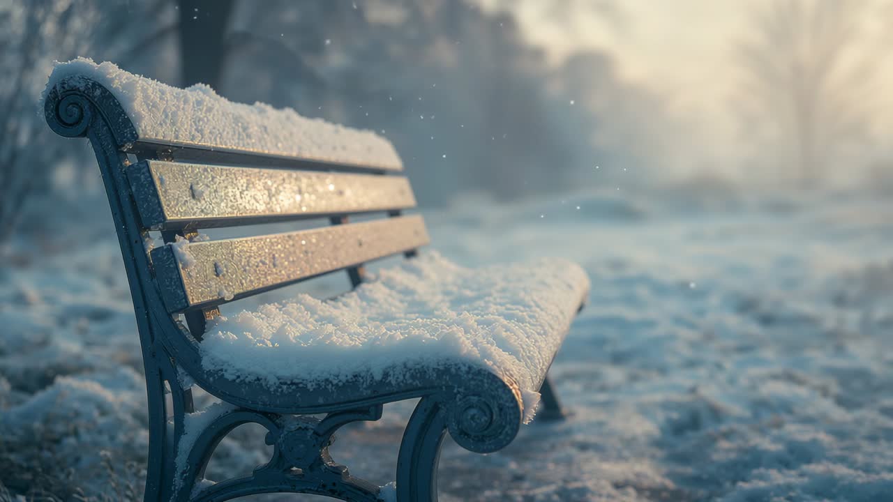 Opening shot showing snowflakes drifting around wood and metal snow-covered bench in winter park