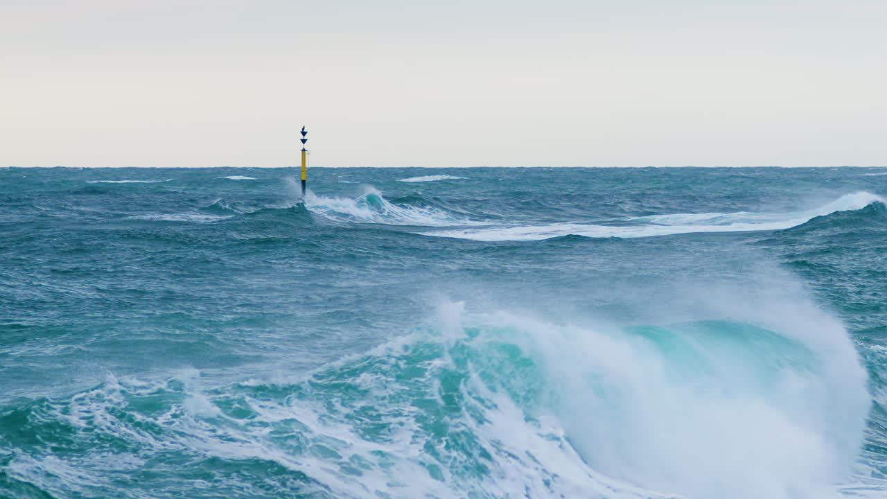크레스트를 만들고 논병아리가 앉아있는 추기경에 충돌하는 큰 바다 파도, 불안한 바다