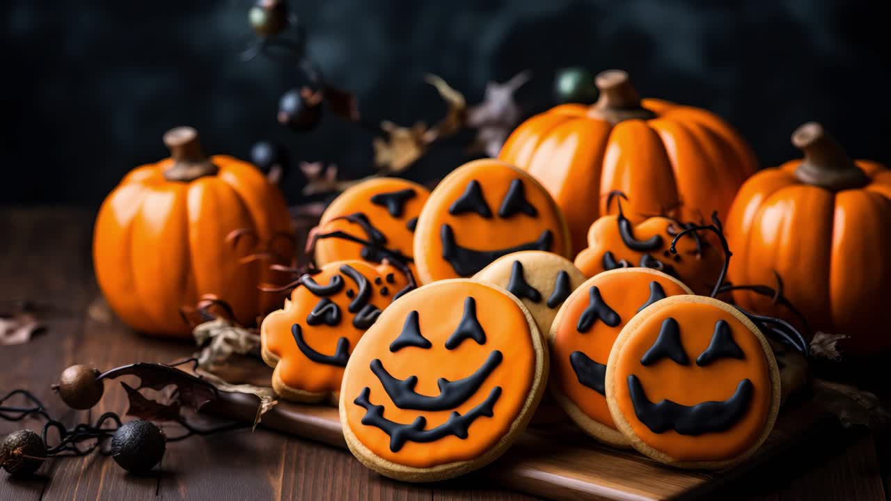 Delicious homemade cookies shaped as funny pumpkins lying on a wooden cutting board during Halloween celebration with decorative pumpkins and autumn leaves in the background