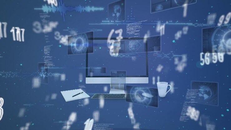 Animation of data processing over computer on blue background