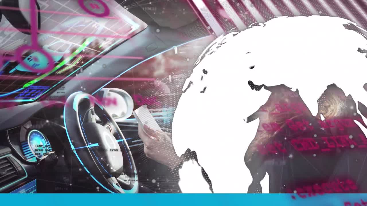 데이터 처리 및 세계 지도의 애니메이션: vr 헤드과 미래의 자동차에 백인 여성