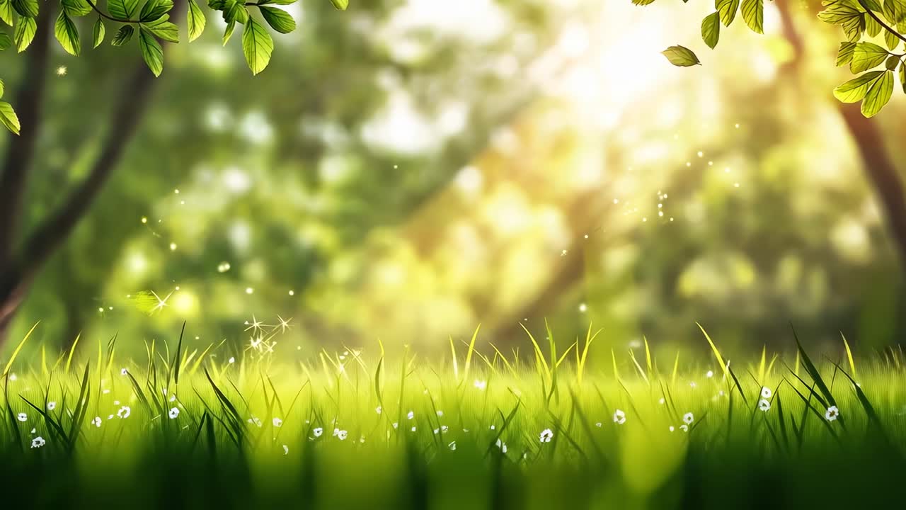 Low-angle video scene of a sunlit meadow with sparkling grass and soft-focus trees