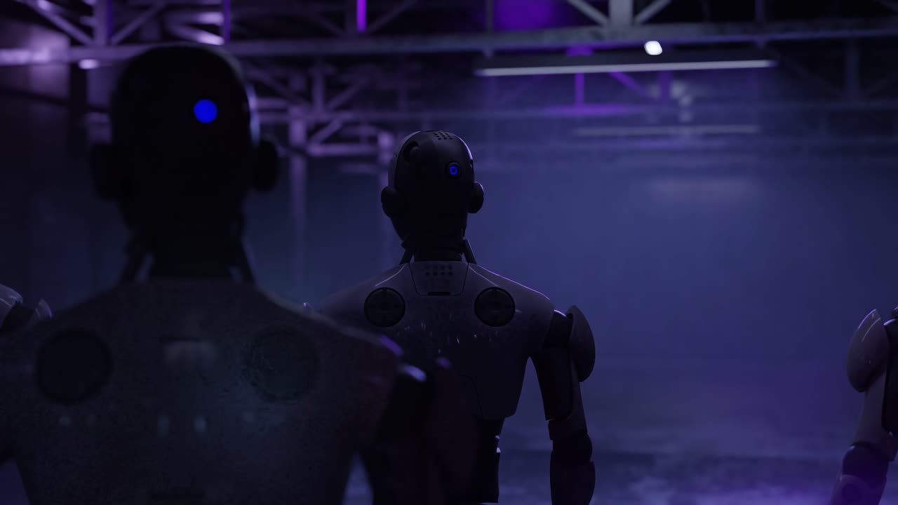 Back view of humanoid robot in conversation with others inside industrial facility with purple lighting and metal framework. 3D rendering of artificial intelligence and robotic interaction.