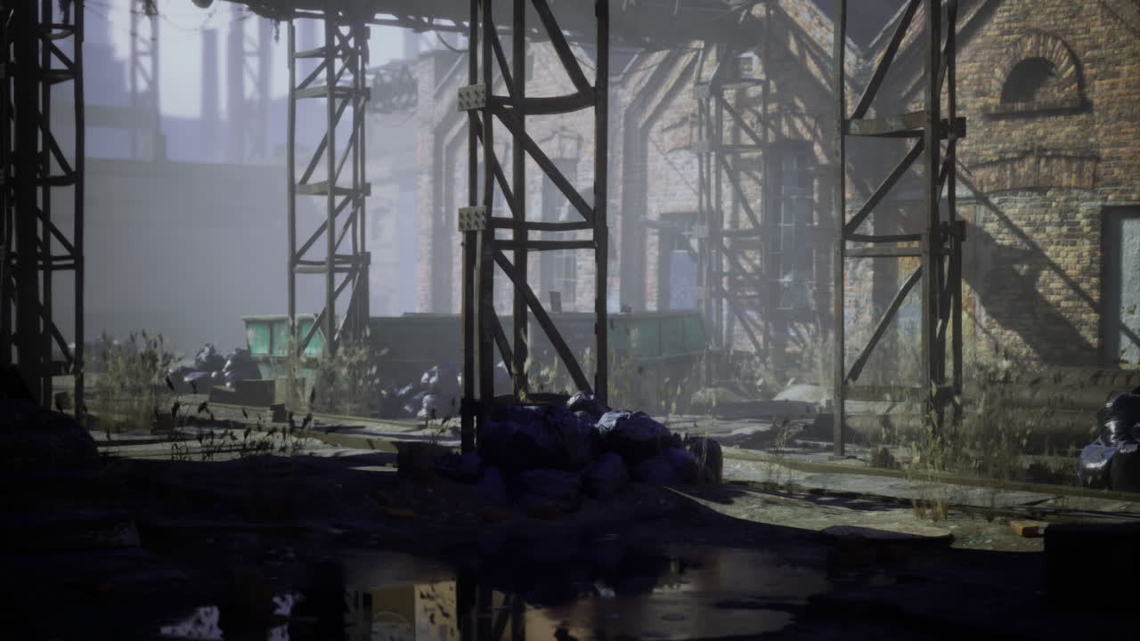 Abandoned warehouse with overgrown vegetation and industrial remains at dawn