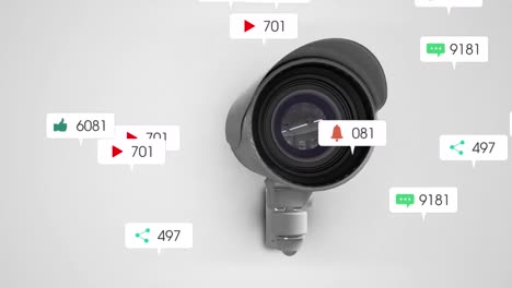 animation of social media icons and numbers over security camera